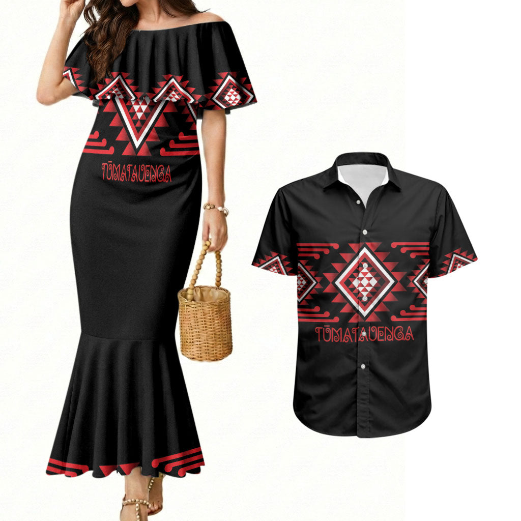 Aotearoa Atua Tumatauenga Personalised Couples Matching Mermaid Dress and Hawaiian Shirt Maori God Of War Taniko Motifs