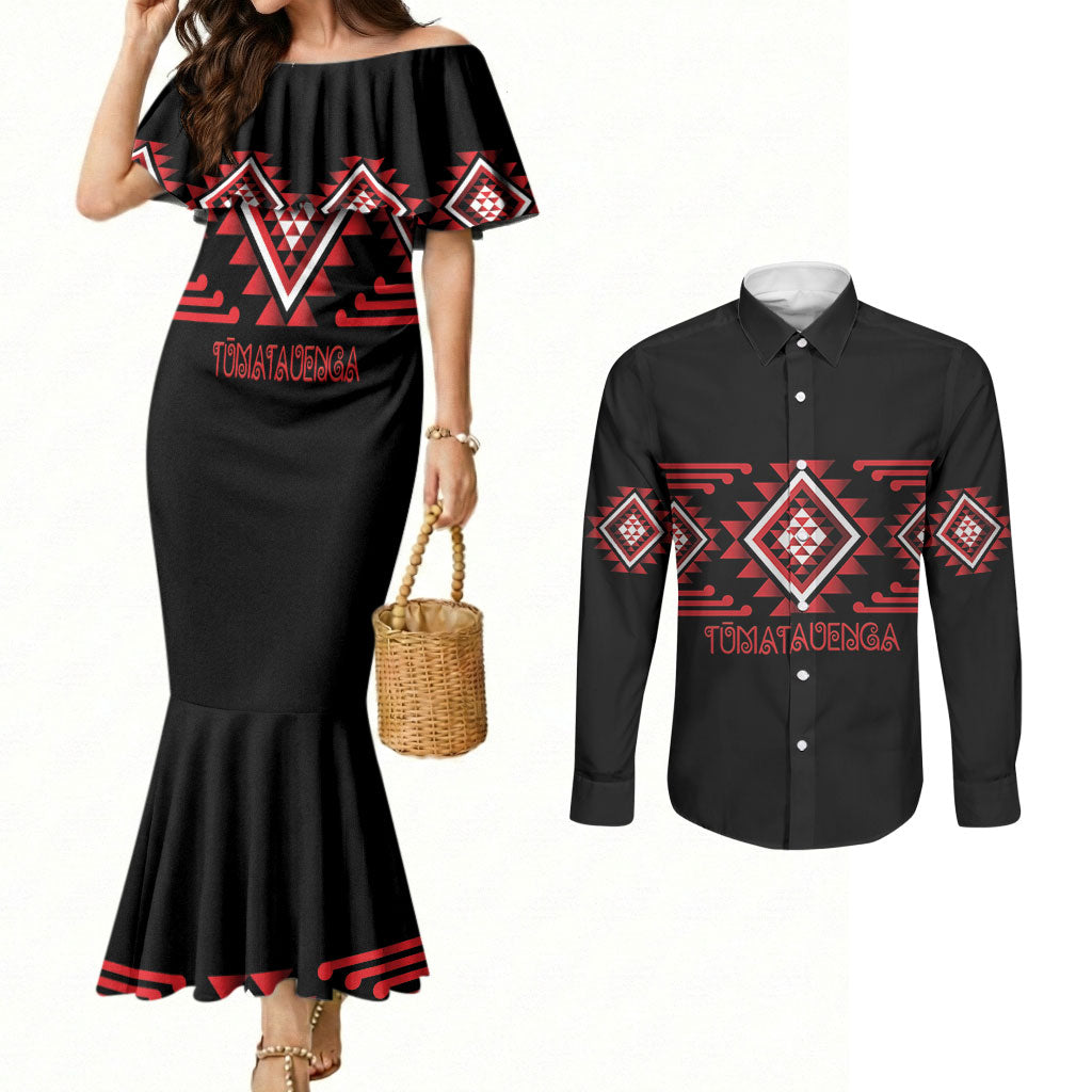 Aotearoa Atua Tumatauenga Personalised Couples Matching Mermaid Dress and Long Sleeve Button Shirt Maori God Of War Taniko Motifs