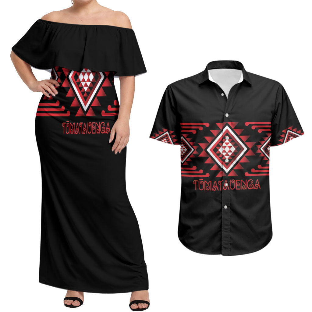 Aotearoa Atua Tumatauenga Personalised Couples Matching Off Shoulder Maxi Dress and Hawaiian Shirt Maori God Of War Taniko Motifs