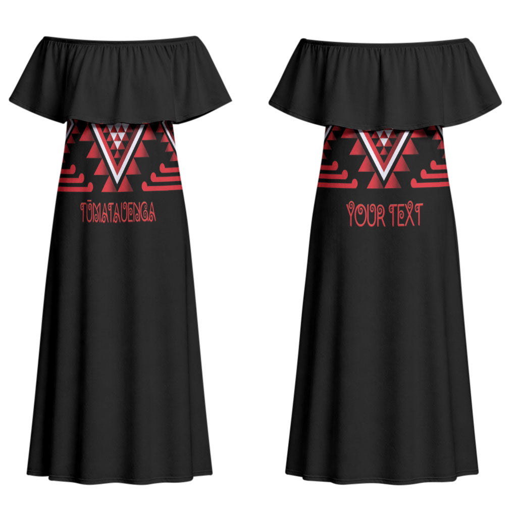 Aotearoa Atua Tumatauenga Personalised Couples Matching Off Shoulder Maxi Dress and Long Sleeve Button Shirt Maori God Of War Taniko Motifs