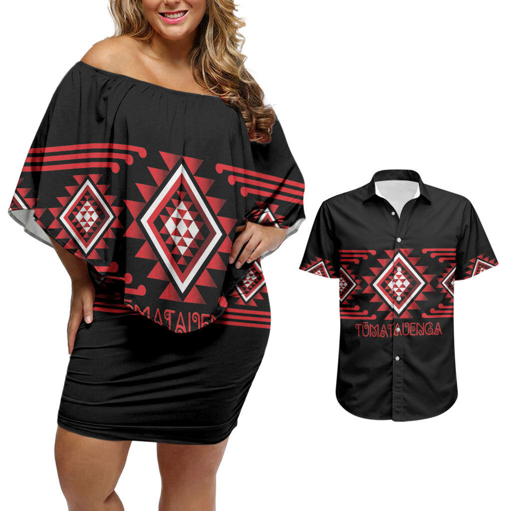 Aotearoa Atua Tumatauenga Personalised Couples Matching Off Shoulder Short Dress and Hawaiian Shirt Maori God Of War Taniko Motifs