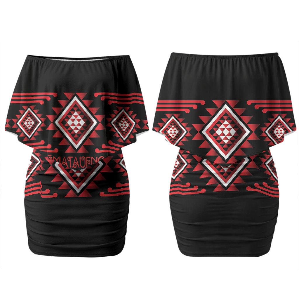 Aotearoa Atua Tumatauenga Personalised Couples Matching Off Shoulder Short Dress and Hawaiian Shirt Maori God Of War Taniko Motifs