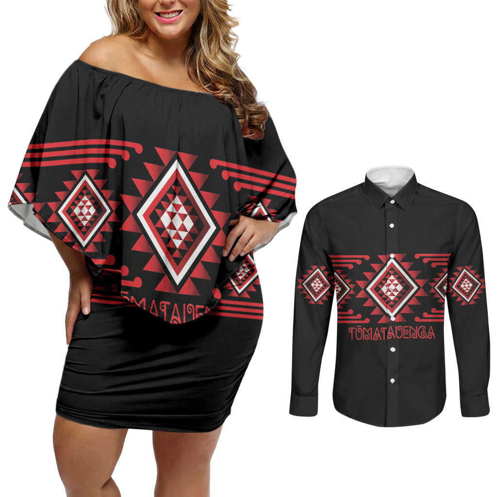 Aotearoa Atua Tumatauenga Personalised Couples Matching Off Shoulder Short Dress and Long Sleeve Button Shirt Maori God Of War Taniko Motifs