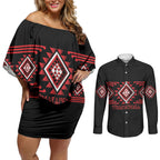 Aotearoa Atua Tumatauenga Personalised Couples Matching Off Shoulder Short Dress and Long Sleeve Button Shirt Maori God Of War Taniko Motifs