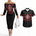 Aotearoa Atua Tumatauenga Personalised Couples Matching Off The Shoulder Long Sleeve Dress and Hawaiian Shirt Maori God Of War Taniko Motifs