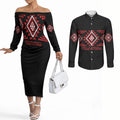 Aotearoa Atua Tumatauenga Personalised Couples Matching Off The Shoulder Long Sleeve Dress and Long Sleeve Button Shirt Maori God Of War Taniko Motifs