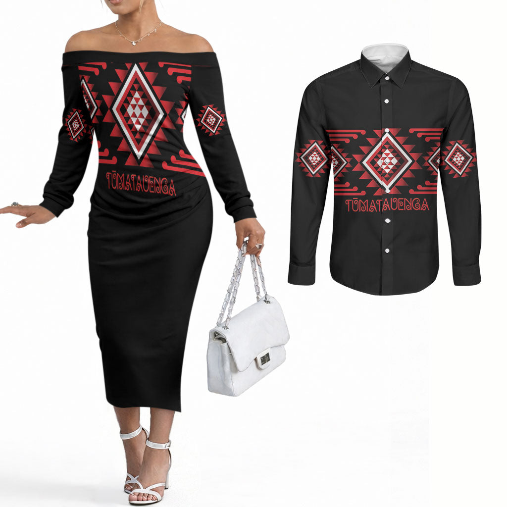 Aotearoa Atua Tumatauenga Personalised Couples Matching Off The Shoulder Long Sleeve Dress and Long Sleeve Button Shirt Maori God Of War Taniko Motifs