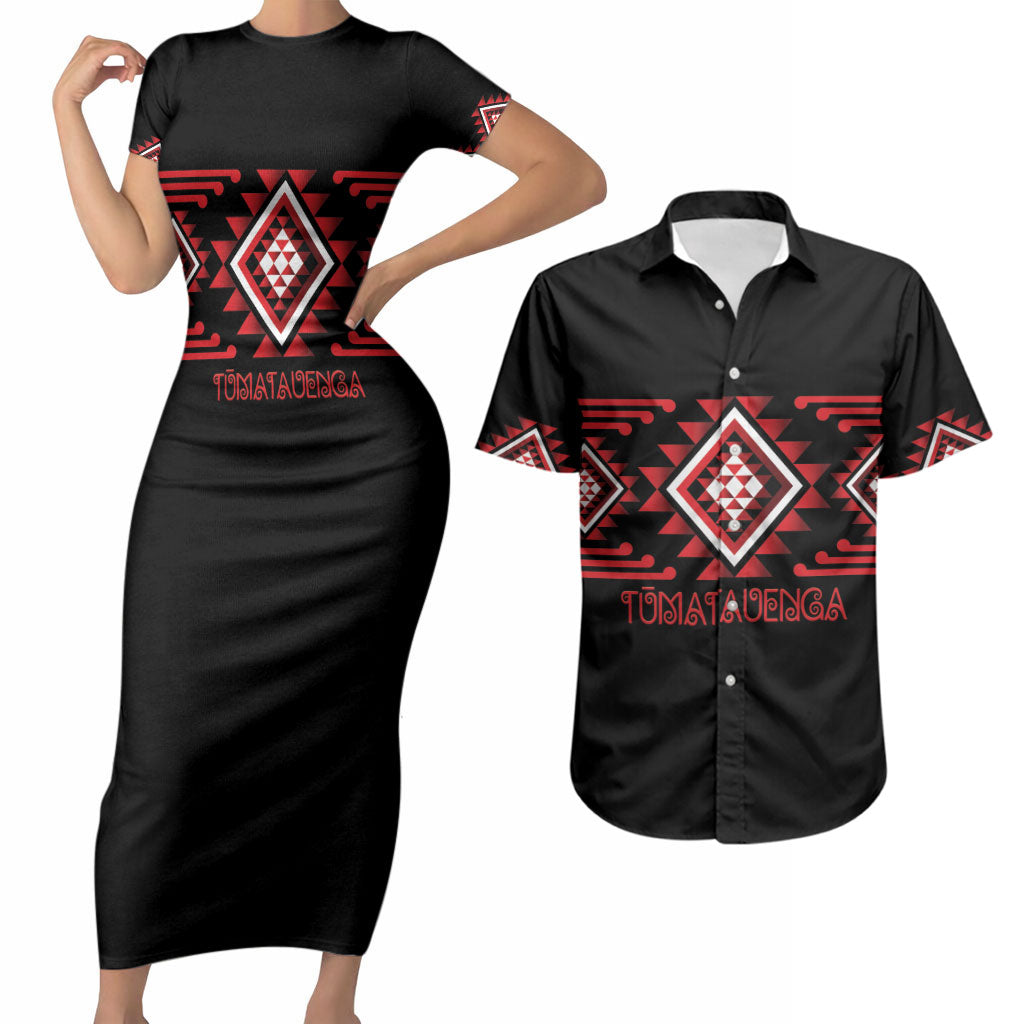 Aotearoa Atua Tumatauenga Personalised Couples Matching Short Sleeve Bodycon Dress and Hawaiian Shirt Maori God Of War Taniko Motifs