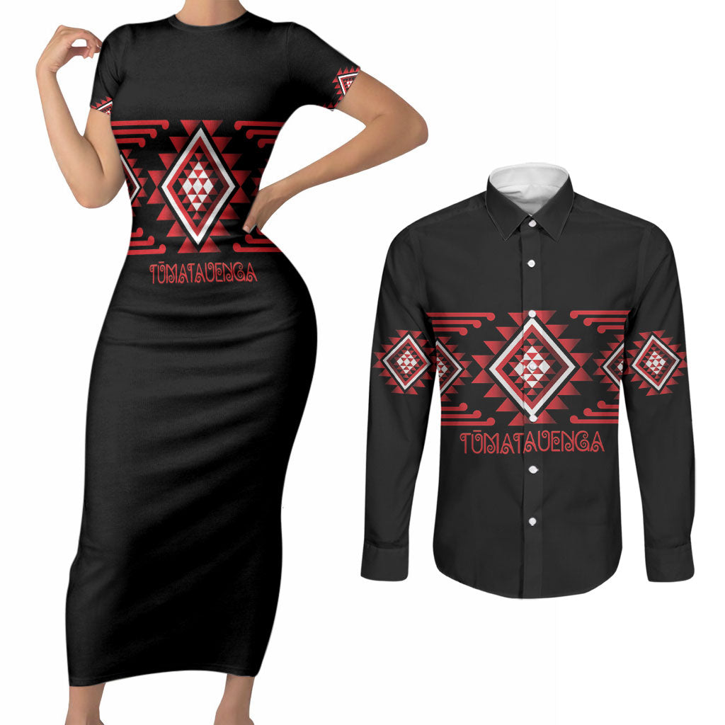 Aotearoa Atua Tumatauenga Personalised Couples Matching Short Sleeve Bodycon Dress and Long Sleeve Button Shirt Maori God Of War Taniko Motifs