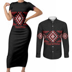 Aotearoa Atua Tumatauenga Personalised Couples Matching Short Sleeve Bodycon Dress and Long Sleeve Button Shirt Maori God Of War Taniko Motifs