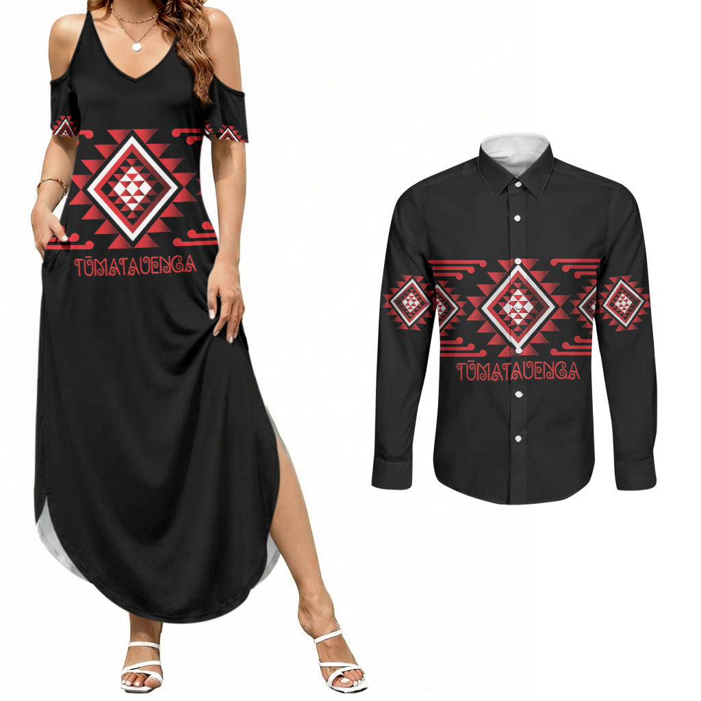 Aotearoa Atua Tumatauenga Personalised Couples Matching Summer Maxi Dress and Long Sleeve Button Shirt Maori God Of War Taniko Motifs