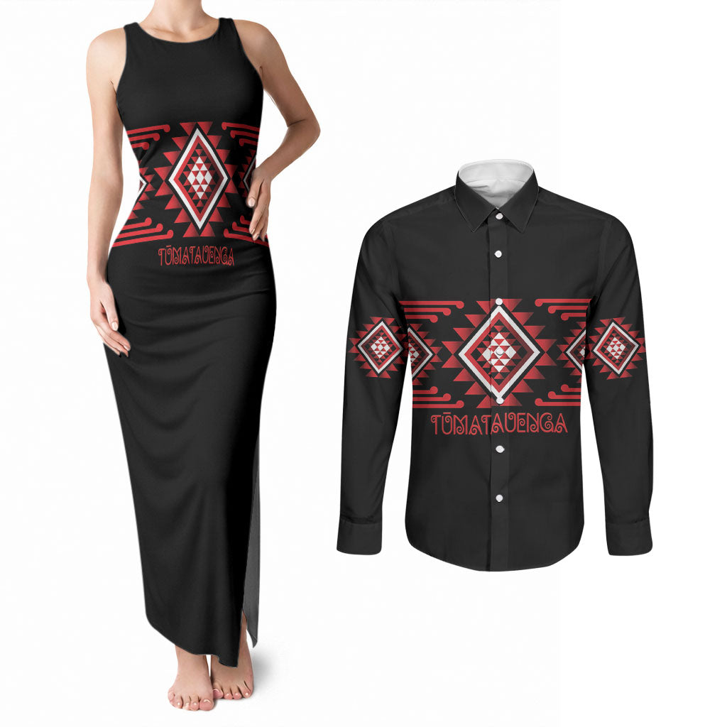 Aotearoa Atua Tumatauenga Personalised Couples Matching Tank Maxi Dress and Long Sleeve Button Shirt Maori God Of War Taniko Motifs