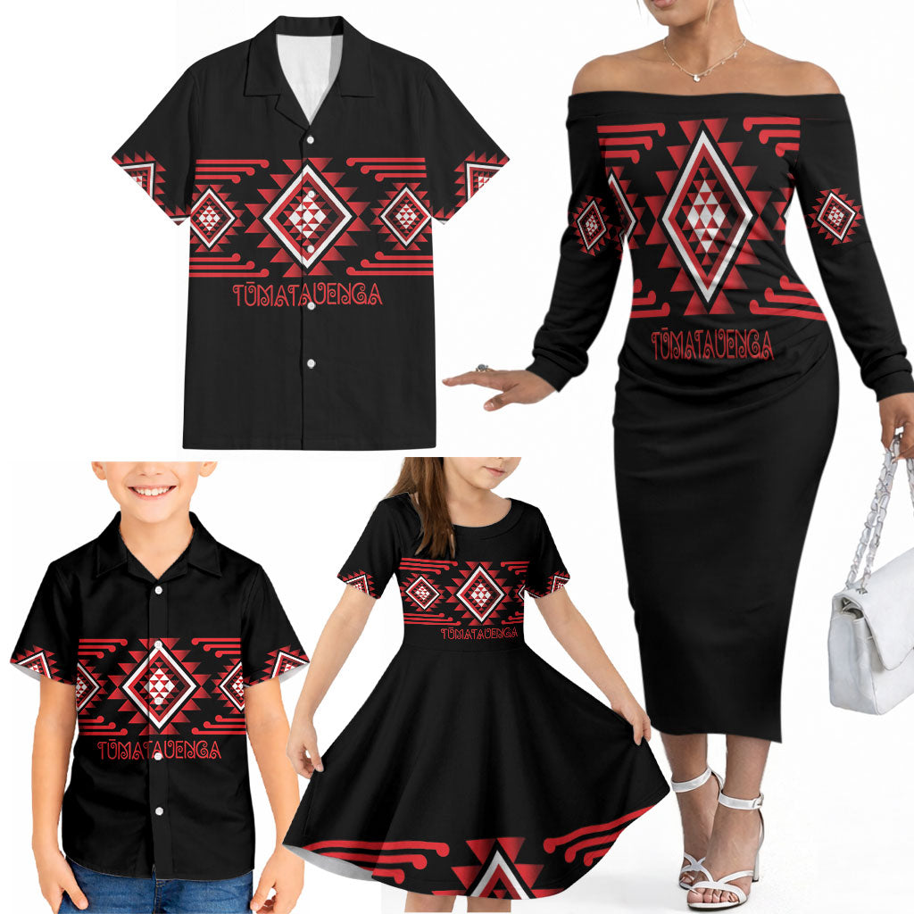 Aotearoa Atua Tumatauenga Personalised Family Matching Off The Shoulder Long Sleeve Dress and Hawaiian Shirt Maori God Of War Taniko Motifs