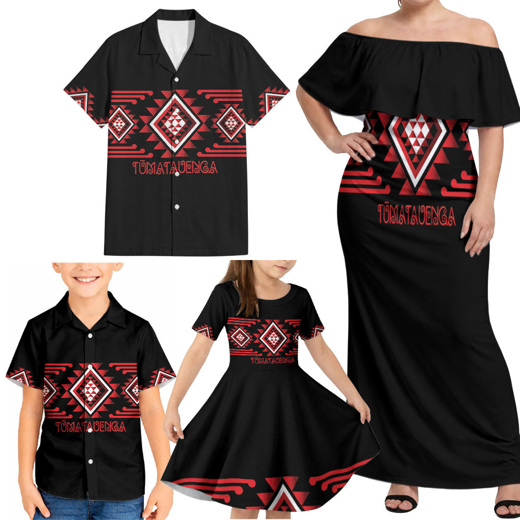Aotearoa Atua Tumatauenga Personalised Family Matching Off Shoulder Maxi Dress and Hawaiian Shirt Maori God Of War Taniko Motifs