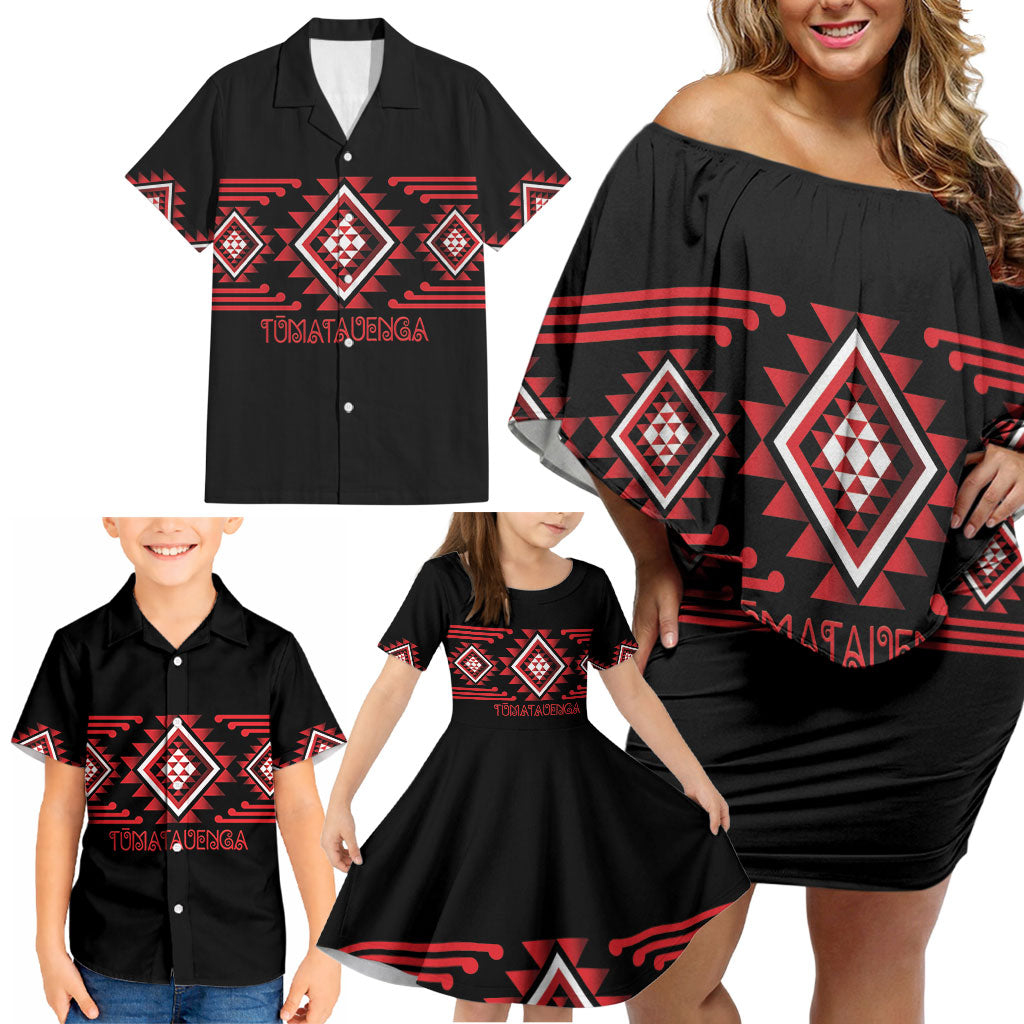 Aotearoa Atua Tumatauenga Personalised Family Matching Off Shoulder Short Dress and Hawaiian Shirt Maori God Of War Taniko Motifs