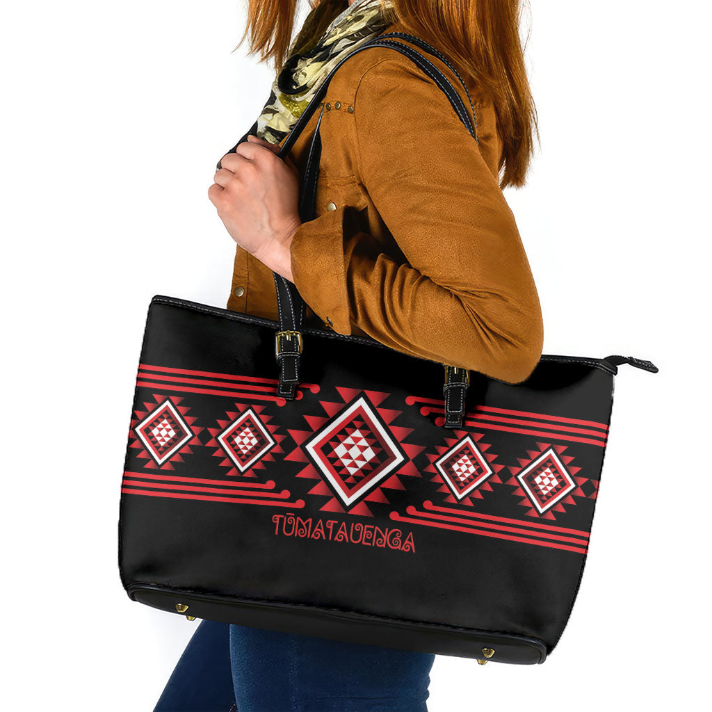 Aotearoa Atua Tumatauenga Leather Tote Bag Maori God Of War Taniko Motifs