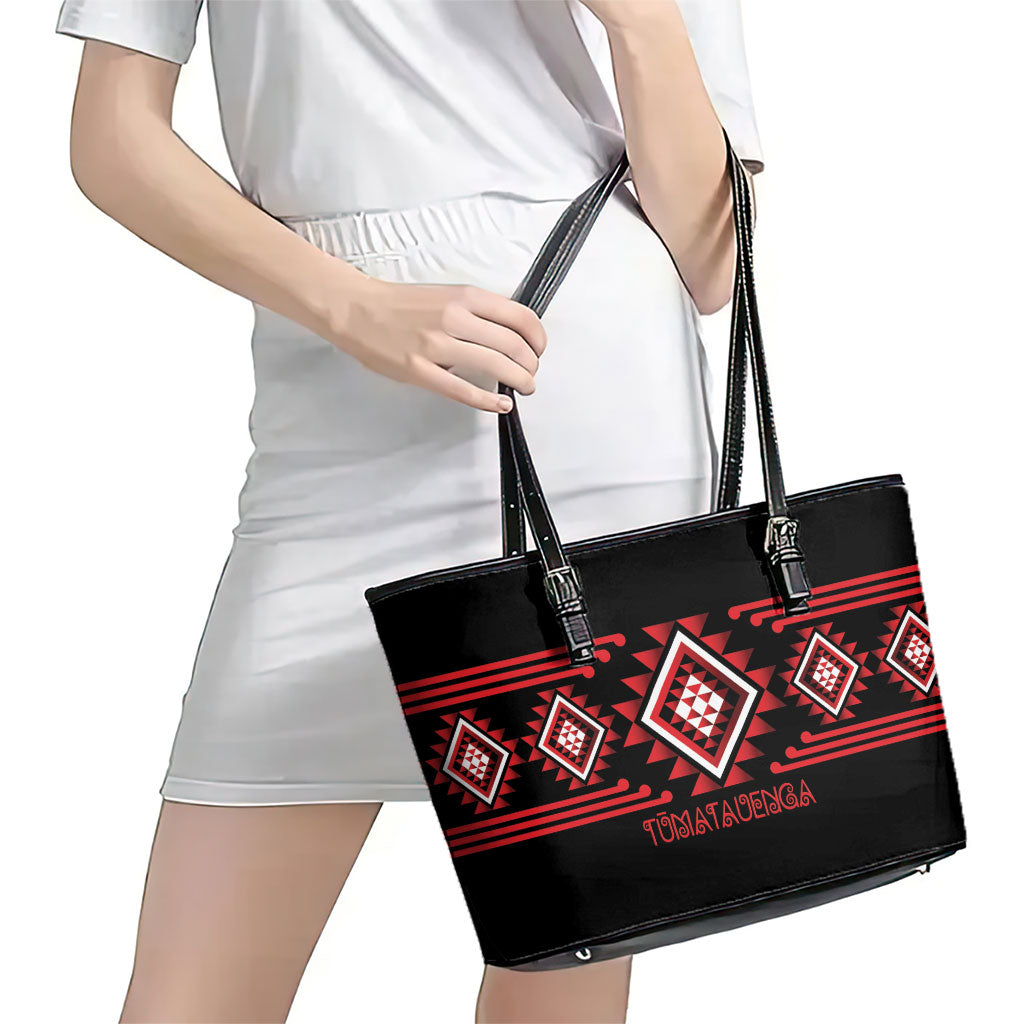 Aotearoa Atua Tumatauenga Leather Tote Bag Maori God Of War Taniko Motifs