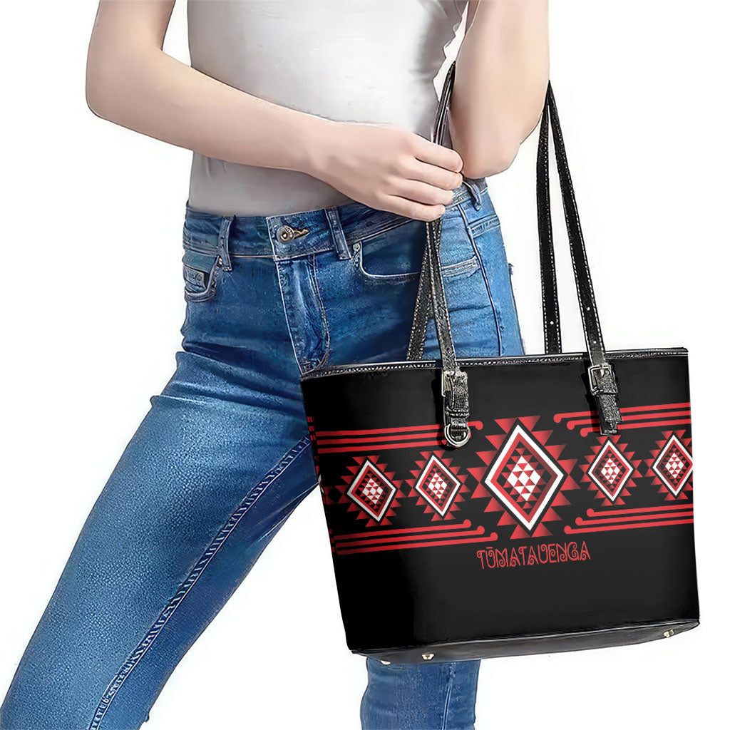 Aotearoa Atua Tumatauenga Leather Tote Bag Maori God Of War Taniko Motifs