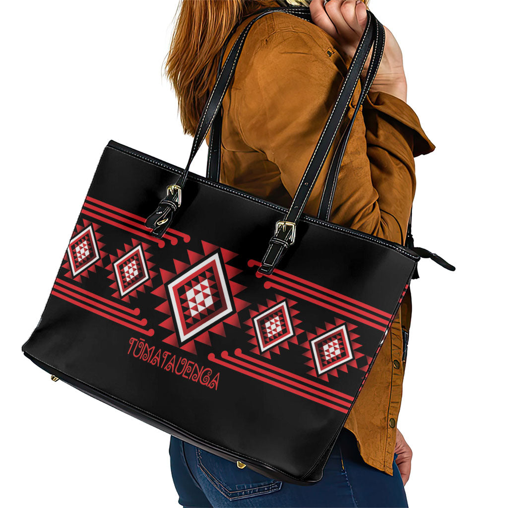 Aotearoa Atua Tumatauenga Leather Tote Bag Maori God Of War Taniko Motifs