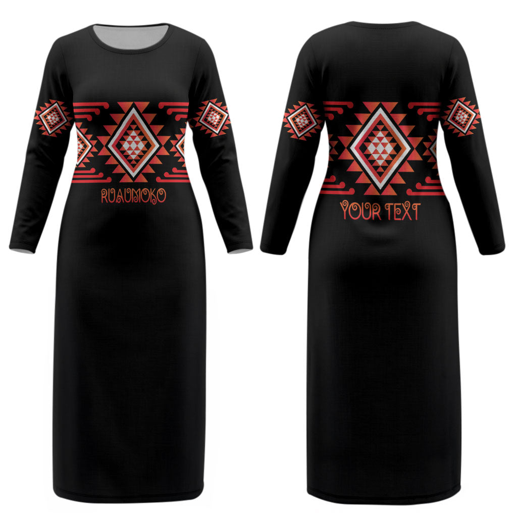 Aotearoa Atua Ruaumoko Personalised Couples Matching Long Sleeve Bodycon Dress and Hawaiian Shirt Maori Powerful God Taniko Motifs