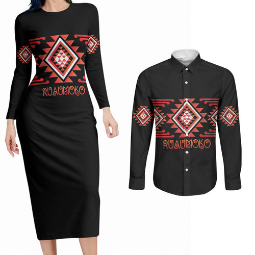 Aotearoa Atua Ruaumoko Personalised Couples Matching Long Sleeve Bodycon Dress and Long Sleeve Button Shirt Maori Powerful God Taniko Motifs