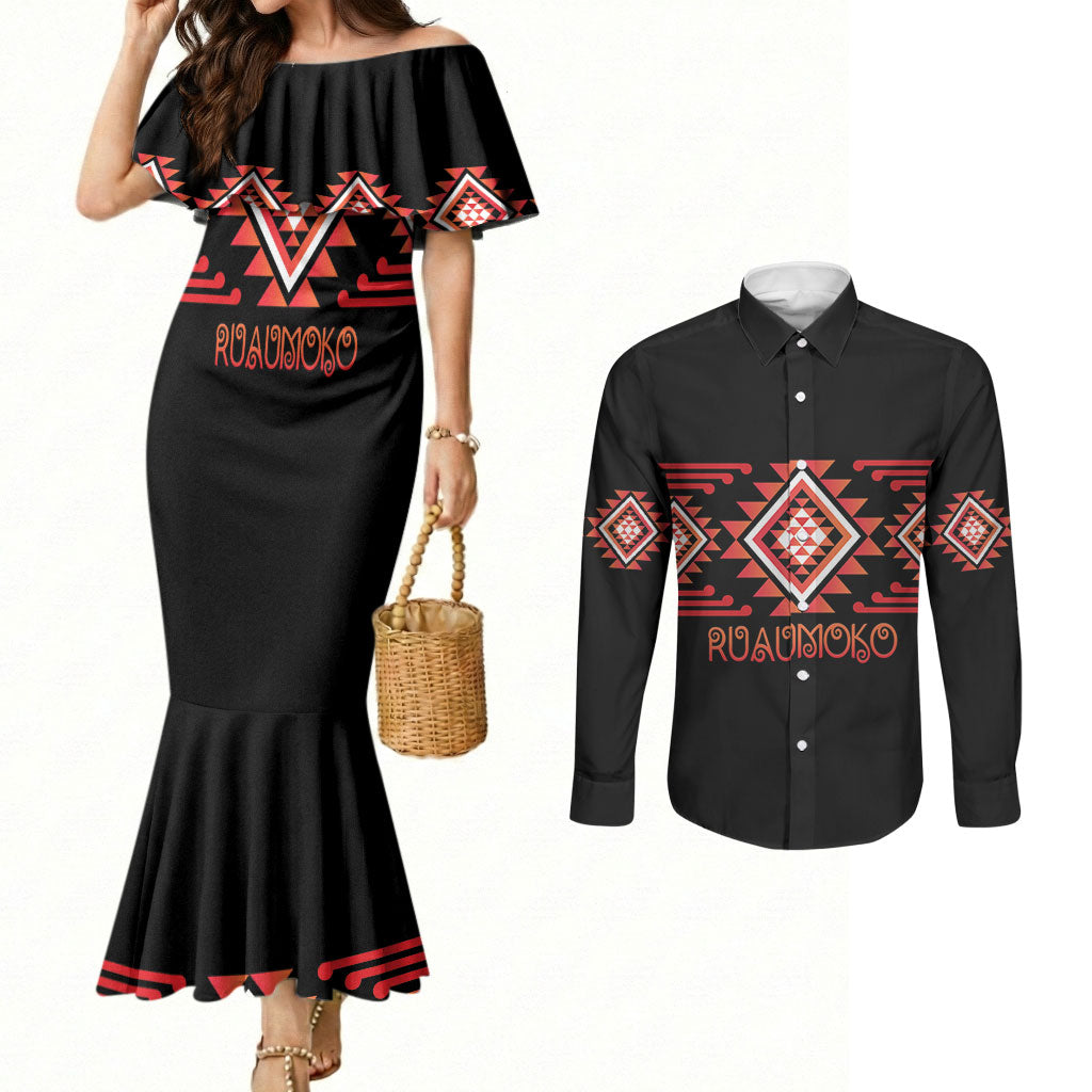 Aotearoa Atua Ruaumoko Personalised Couples Matching Mermaid Dress and Long Sleeve Button Shirt Maori Powerful God Taniko Motifs