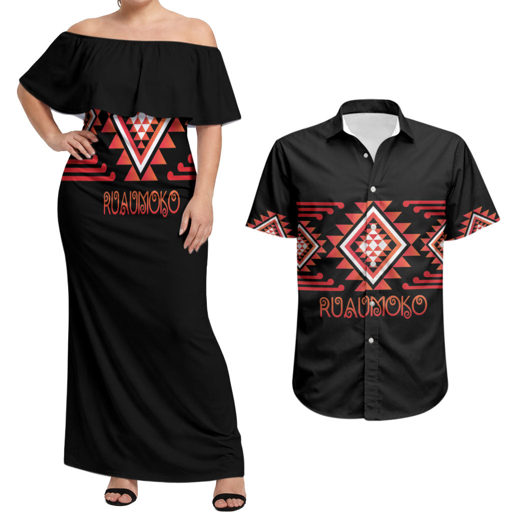Aotearoa Atua Ruaumoko Personalised Couples Matching Off Shoulder Maxi Dress and Hawaiian Shirt Maori Powerful God Taniko Motifs