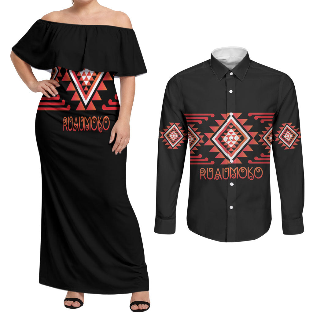 Aotearoa Atua Ruaumoko Personalised Couples Matching Off Shoulder Maxi Dress and Long Sleeve Button Shirt Maori Powerful God Taniko Motifs