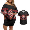 Aotearoa Atua Ruaumoko Personalised Couples Matching Off Shoulder Short Dress and Hawaiian Shirt Maori Powerful God Taniko Motifs
