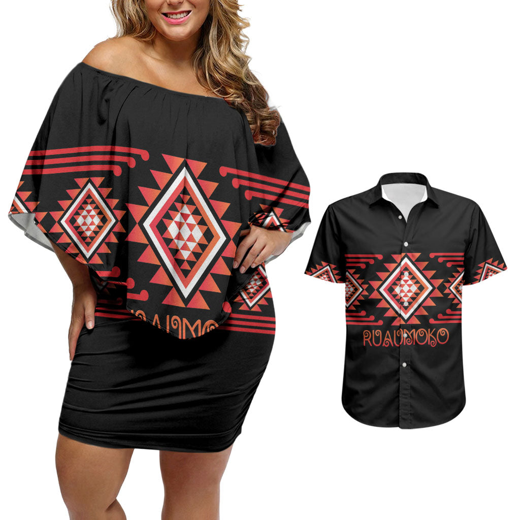 Aotearoa Atua Ruaumoko Personalised Couples Matching Off Shoulder Short Dress and Hawaiian Shirt Maori Powerful God Taniko Motifs