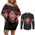 Aotearoa Atua Ruaumoko Personalised Couples Matching Off Shoulder Short Dress and Long Sleeve Button Shirt Maori Powerful God Taniko Motifs