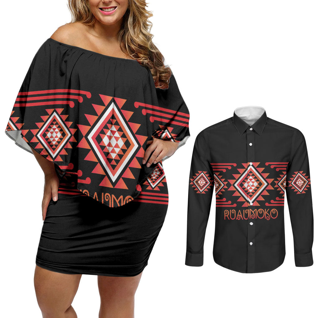 Aotearoa Atua Ruaumoko Personalised Couples Matching Off Shoulder Short Dress and Long Sleeve Button Shirt Maori Powerful God Taniko Motifs