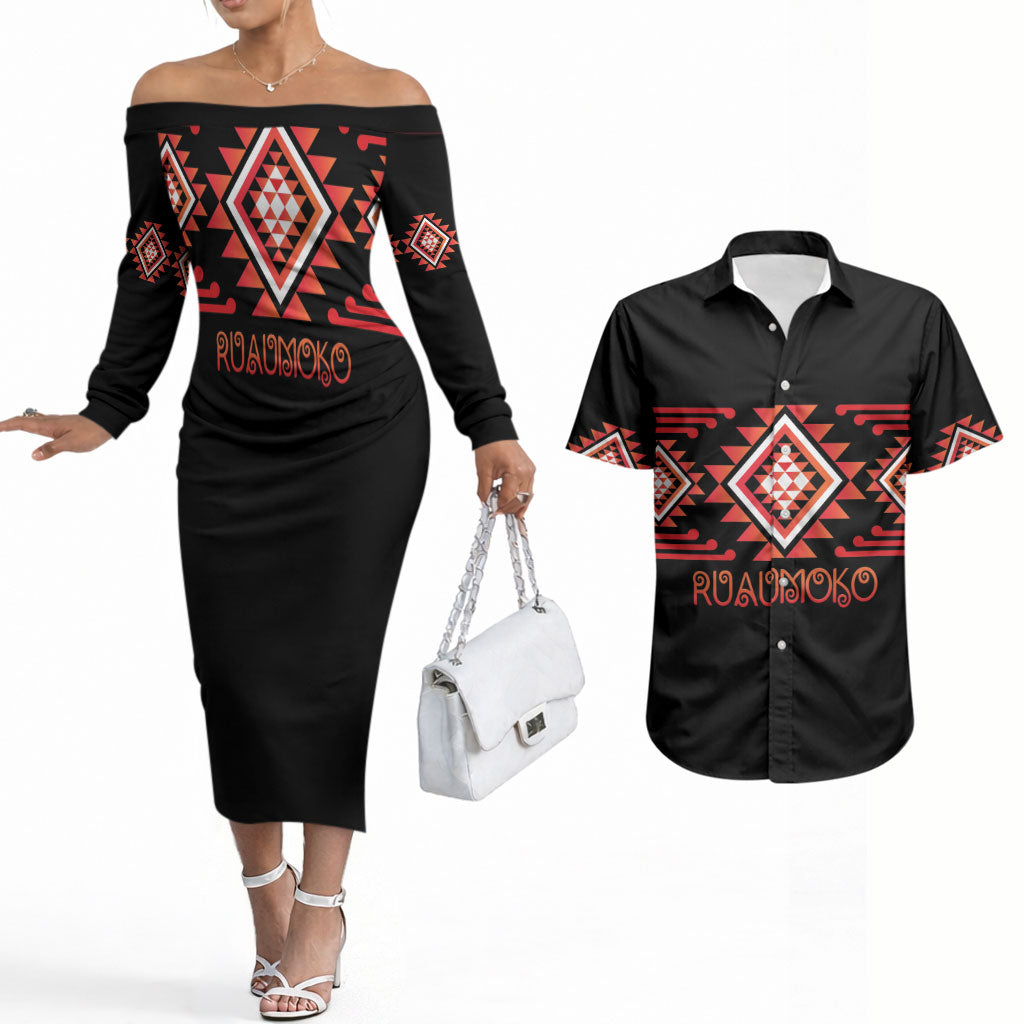 Aotearoa Atua Ruaumoko Personalised Couples Matching Off The Shoulder Long Sleeve Dress and Hawaiian Shirt Maori Powerful God Taniko Motifs