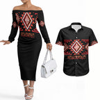 Aotearoa Atua Ruaumoko Personalised Couples Matching Off The Shoulder Long Sleeve Dress and Hawaiian Shirt Maori Powerful God Taniko Motifs