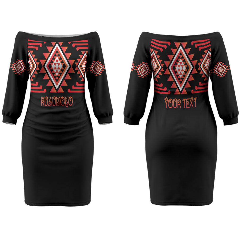 Aotearoa Atua Ruaumoko Personalised Couples Matching Off The Shoulder Long Sleeve Dress and Hawaiian Shirt Maori Powerful God Taniko Motifs