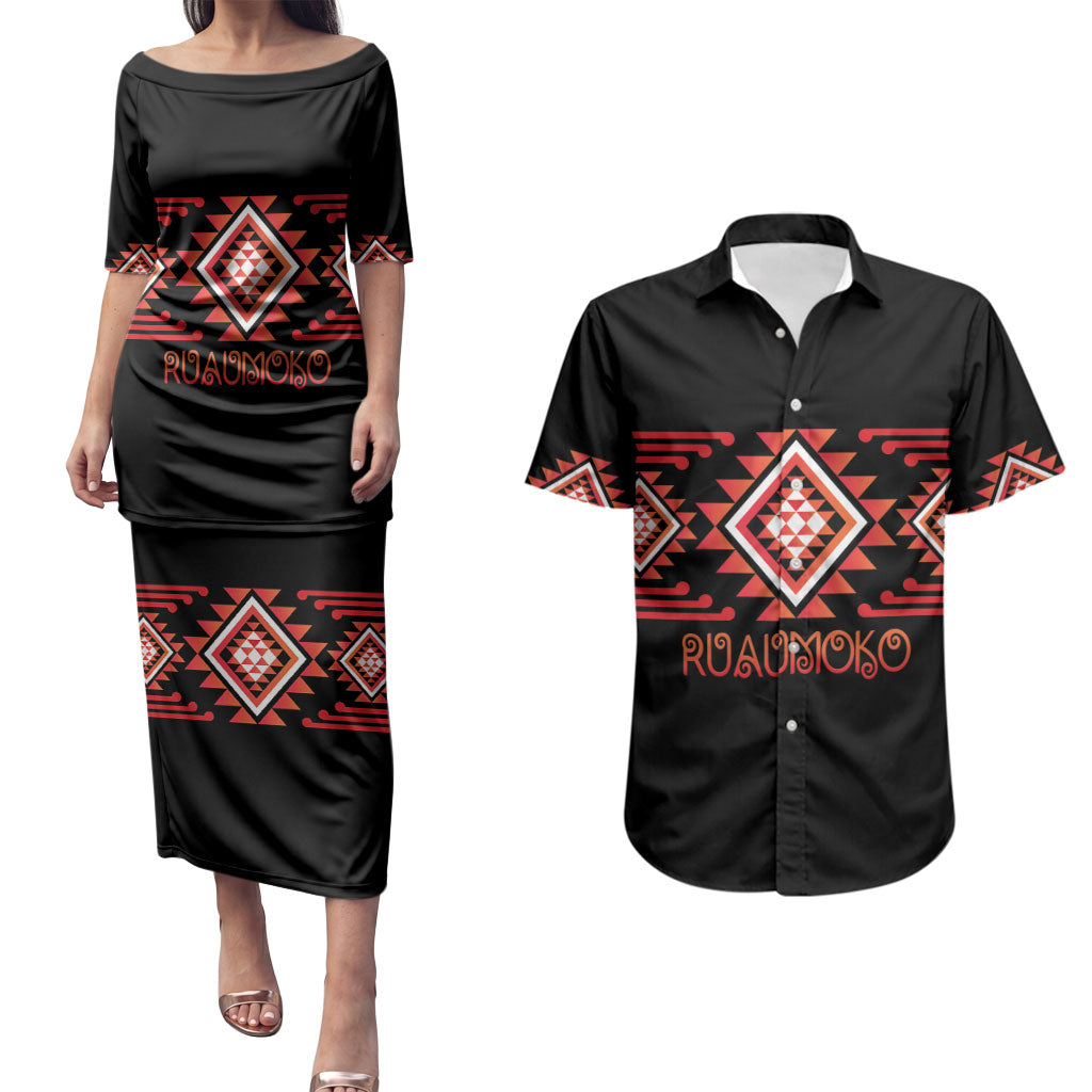 Aotearoa Atua Ruaumoko Personalised Couples Matching Puletasi and Hawaiian Shirt Maori Powerful God Taniko Motifs