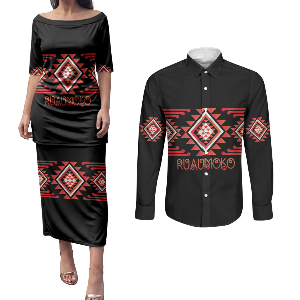 Aotearoa Atua Ruaumoko Personalised Couples Matching Puletasi and Long Sleeve Button Shirt Maori Powerful God Taniko Motifs