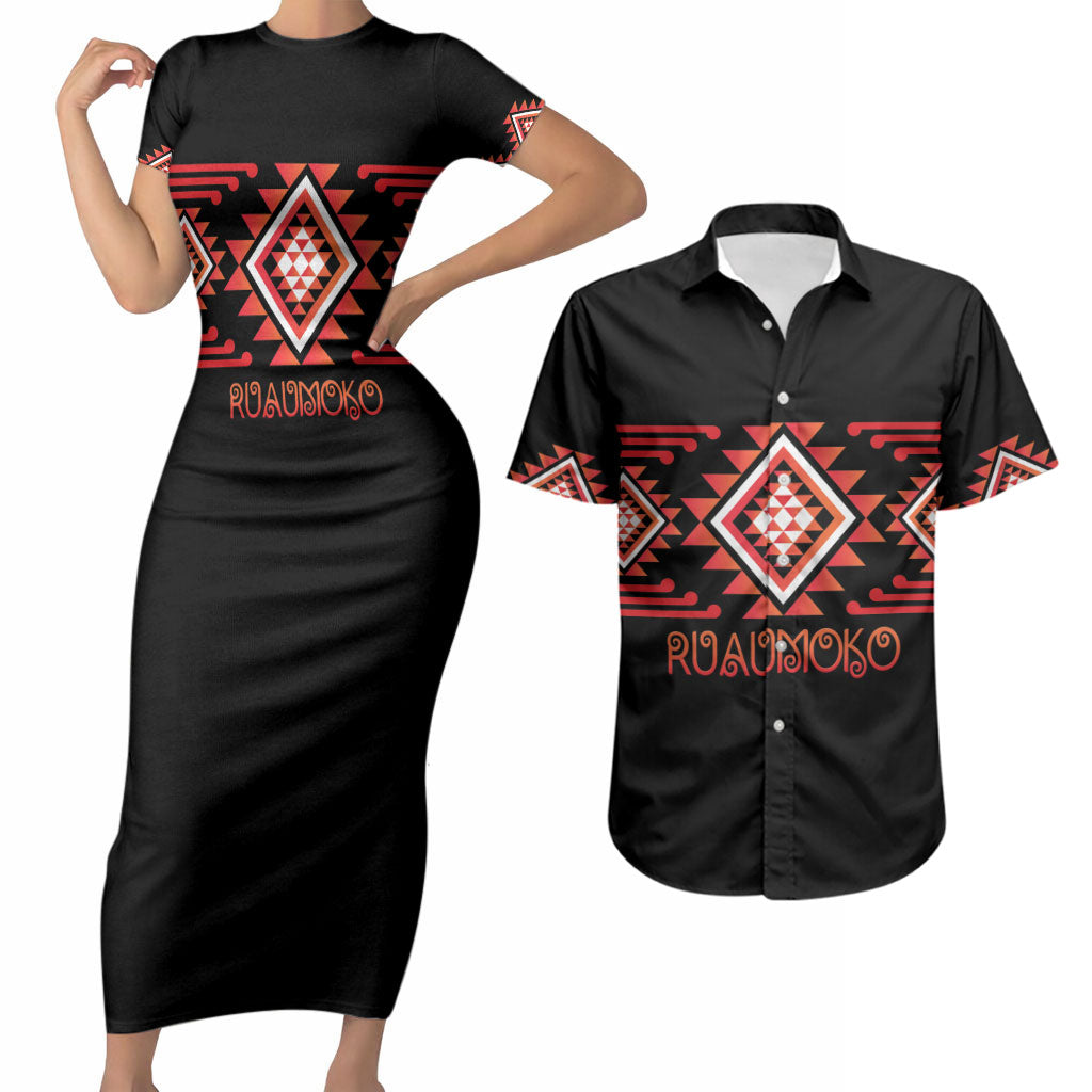 Aotearoa Atua Ruaumoko Personalised Couples Matching Short Sleeve Bodycon Dress and Hawaiian Shirt Maori Powerful God Taniko Motifs