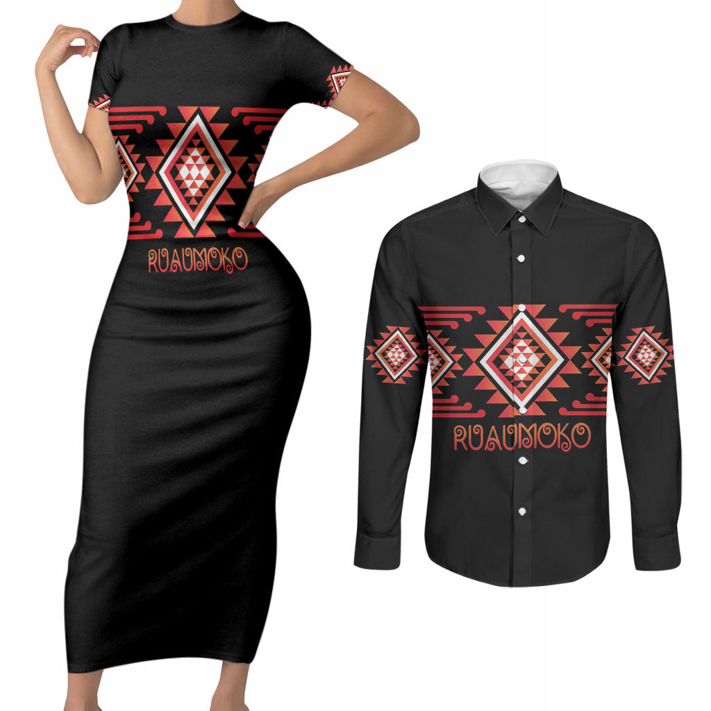 Aotearoa Atua Ruaumoko Personalised Couples Matching Short Sleeve Bodycon Dress and Long Sleeve Button Shirt Maori Powerful God Taniko Motifs