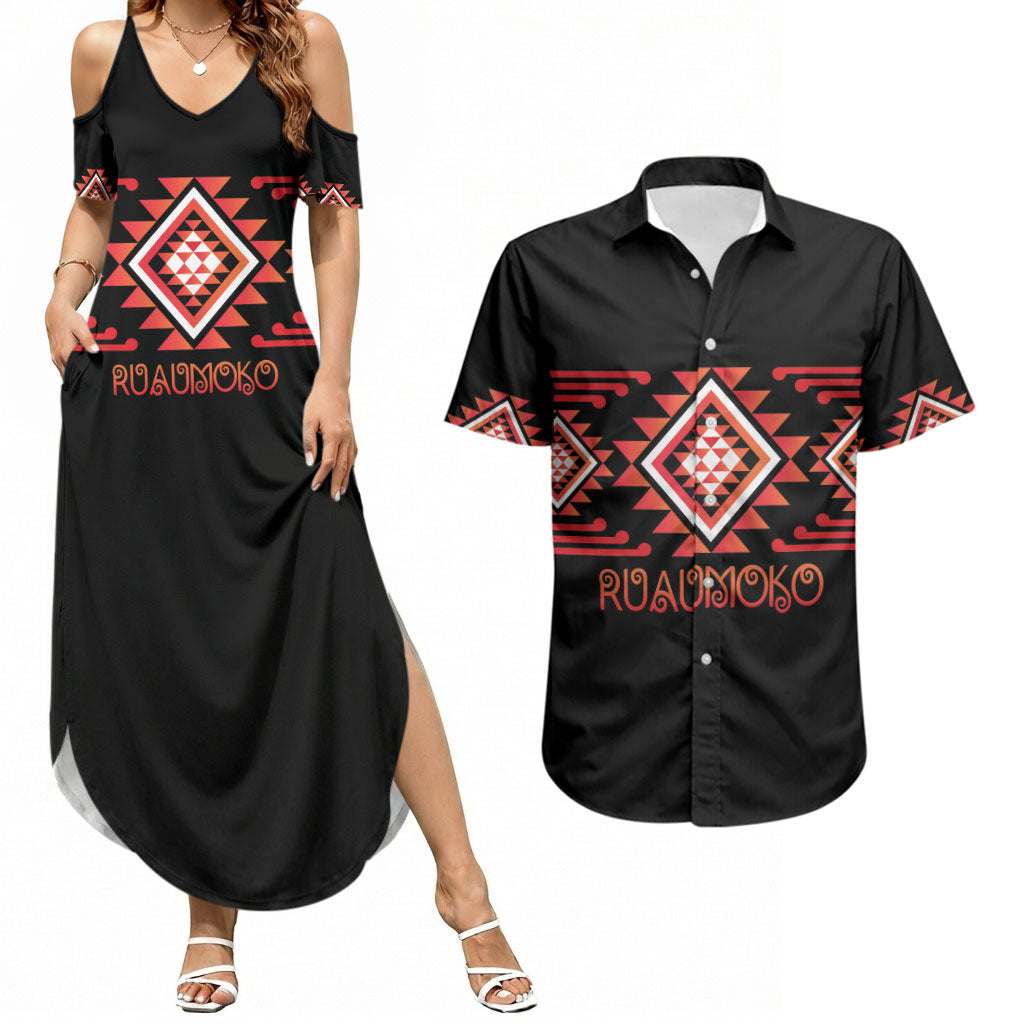 Aotearoa Atua Ruaumoko Personalised Couples Matching Summer Maxi Dress and Hawaiian Shirt Maori Powerful God Taniko Motifs