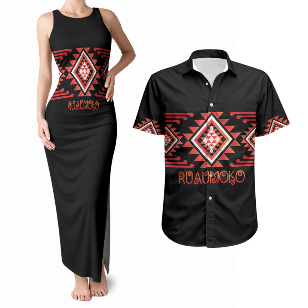 Aotearoa Atua Ruaumoko Personalised Couples Matching Tank Maxi Dress and Hawaiian Shirt Maori Powerful God Taniko Motifs