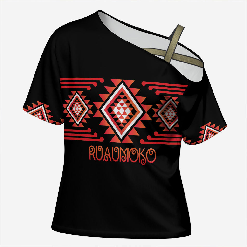 Aotearoa Atua Ruaumoko Personalised Cross Shoulder Shirt Maori Powerful God Taniko Motifs