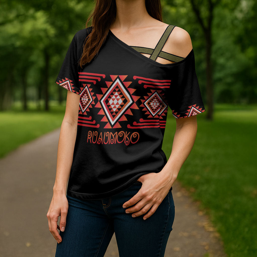Aotearoa Atua Ruaumoko Personalised Cross Shoulder Shirt Maori Powerful God Taniko Motifs