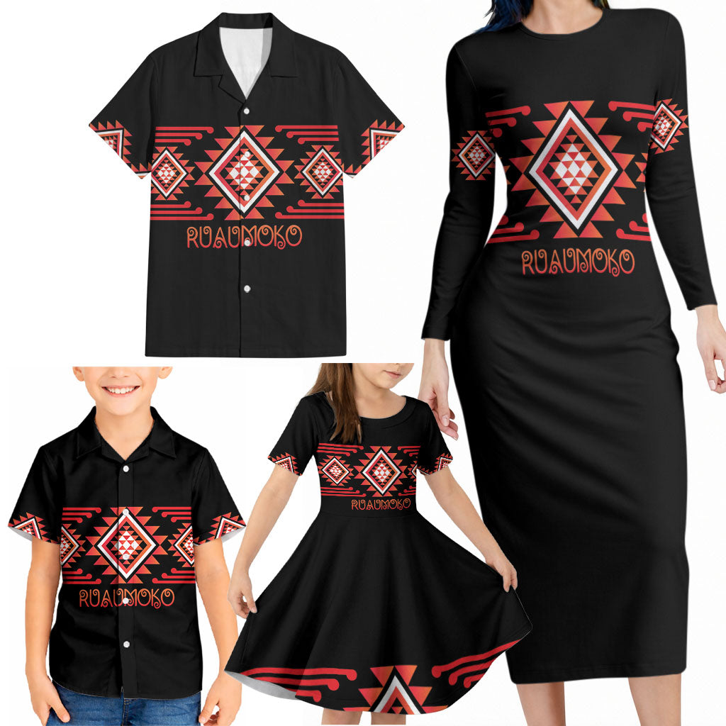 Aotearoa Atua Ruaumoko Personalised Family Matching Long Sleeve Bodycon Dress and Hawaiian Shirt Maori Powerful God Taniko Motifs