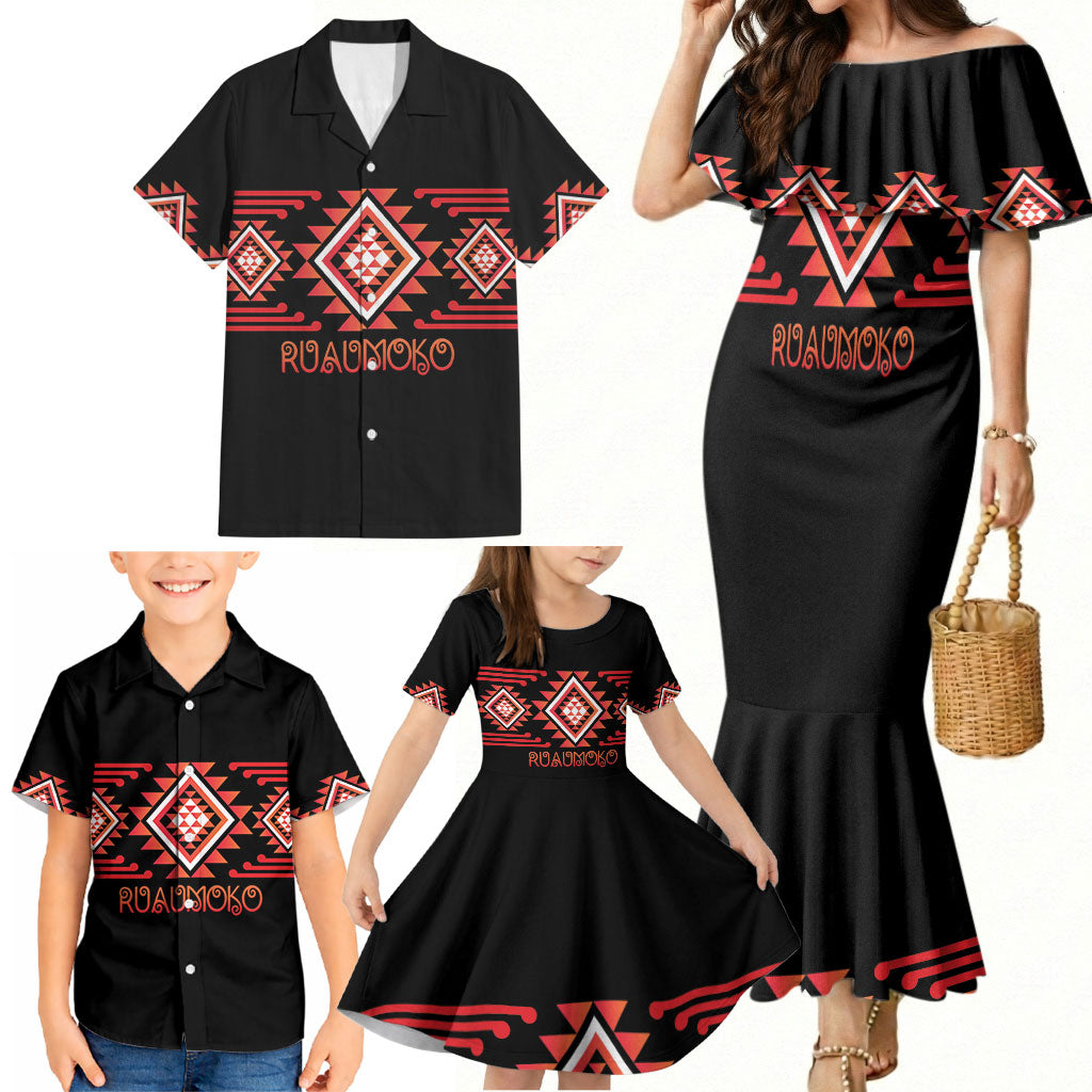 Aotearoa Atua Ruaumoko Personalised Family Matching Mermaid Dress and Hawaiian Shirt Maori Powerful God Taniko Motifs