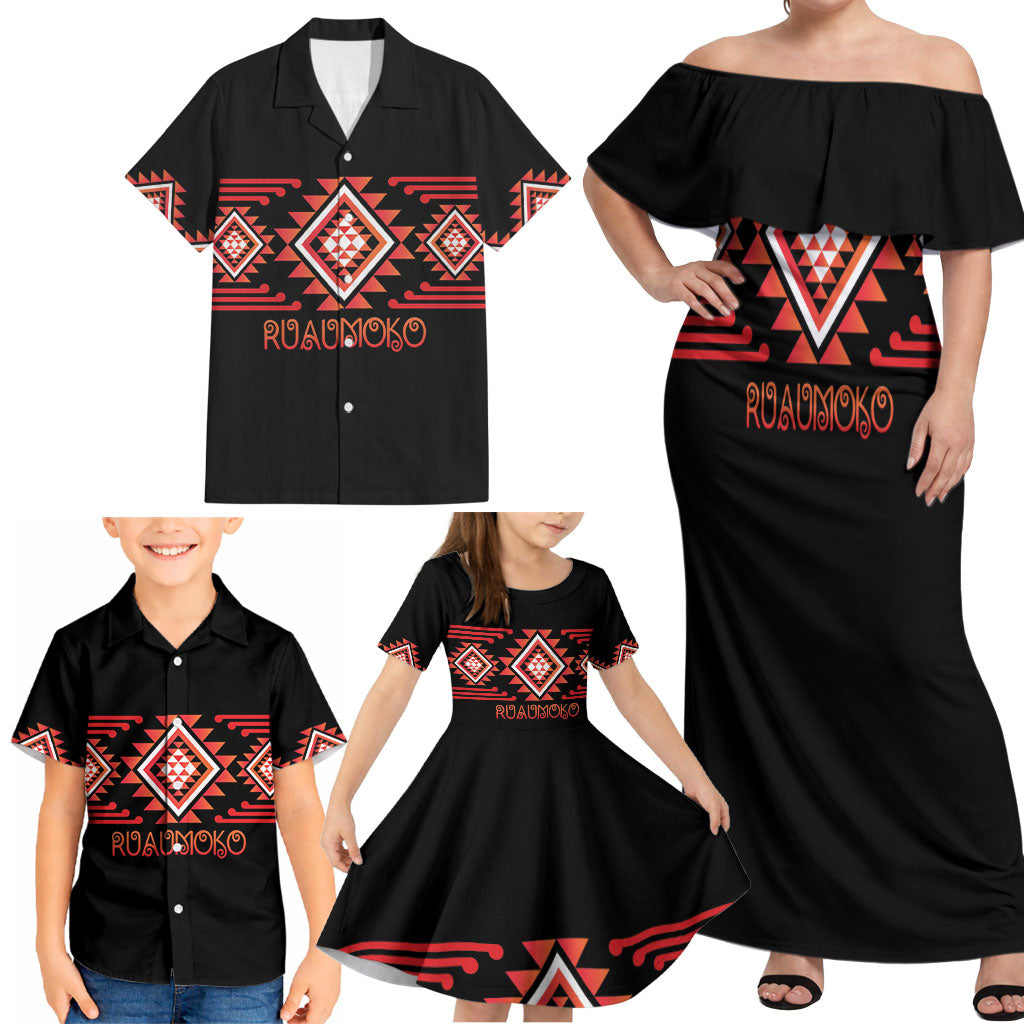 Aotearoa Atua Ruaumoko Personalised Family Matching Off Shoulder Maxi Dress and Hawaiian Shirt Maori Powerful God Taniko Motifs
