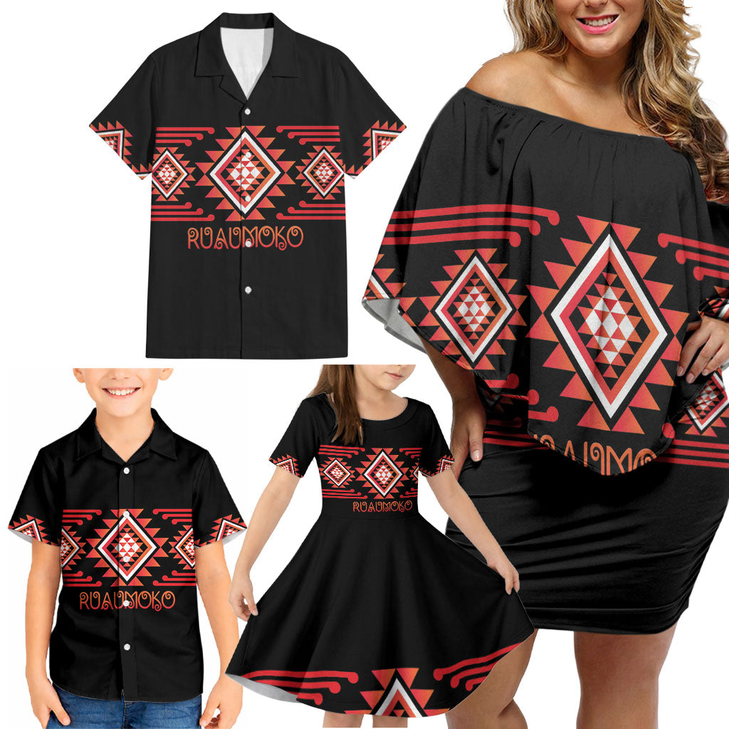 Aotearoa Atua Ruaumoko Personalised Family Matching Off Shoulder Short Dress and Hawaiian Shirt Maori Powerful God Taniko Motifs