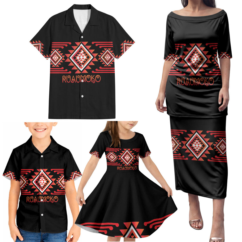Aotearoa Atua Ruaumoko Personalised Family Matching Puletasi and Hawaiian Shirt Maori Powerful God Taniko Motifs