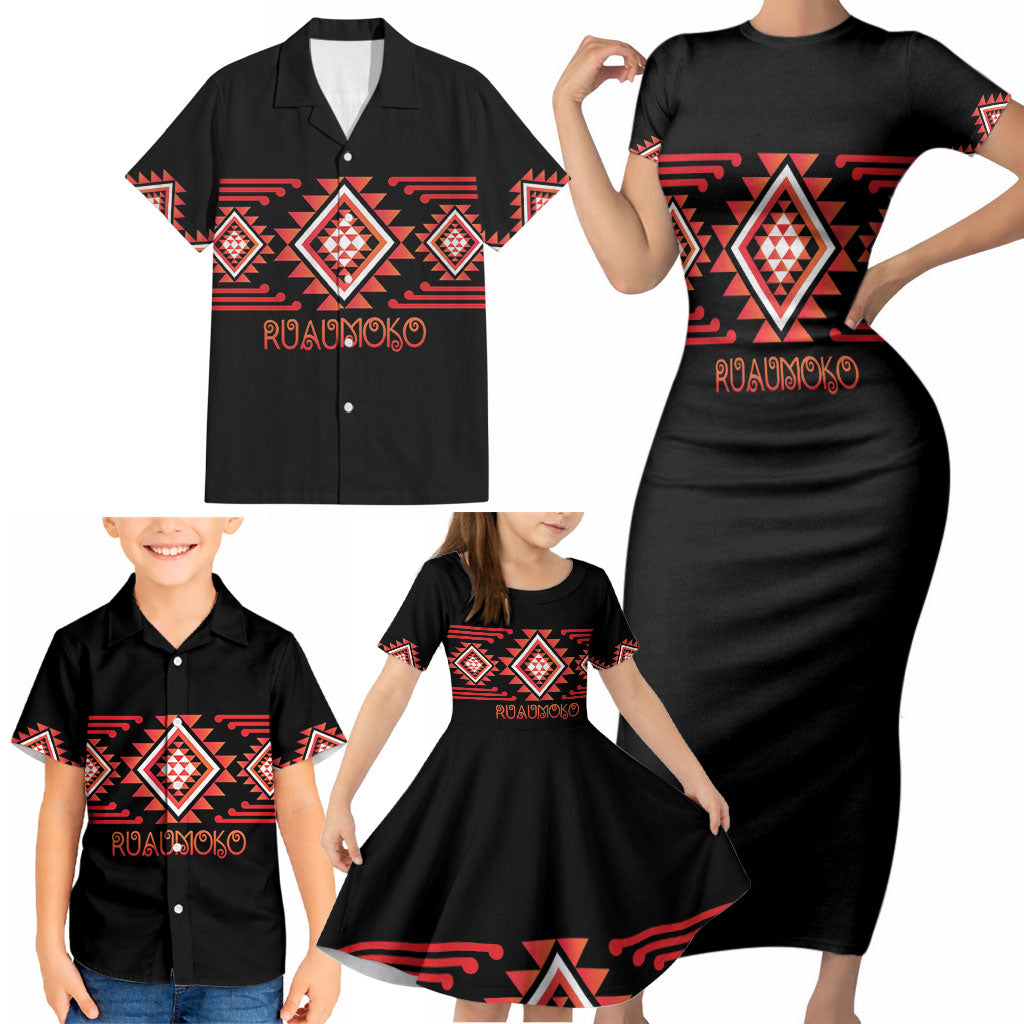 Aotearoa Atua Ruaumoko Personalised Family Matching Short Sleeve Bodycon Dress and Hawaiian Shirt Maori Powerful God Taniko Motifs