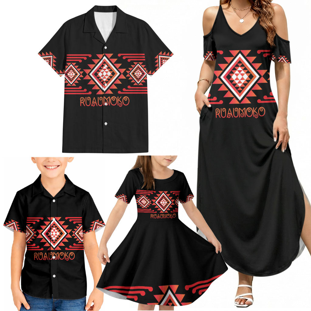 Aotearoa Atua Ruaumoko Personalised Family Matching Summer Maxi Dress and Hawaiian Shirt Maori Powerful God Taniko Motifs